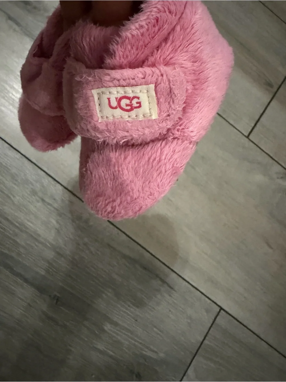 UGG Kids Pink Plush Strap Bootie Slippers